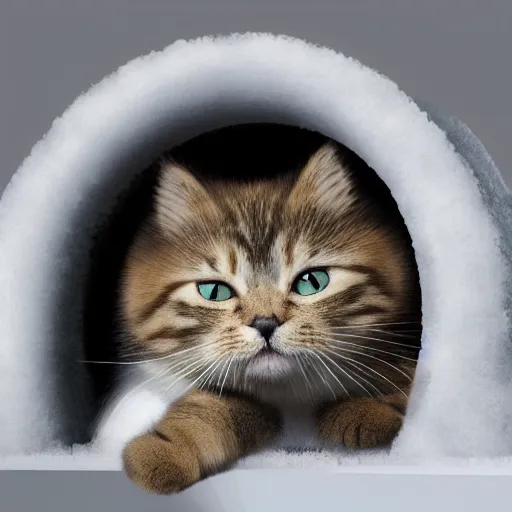 Prompt: cute cat peeking its head out an igloo, close up render