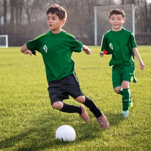 Prompt: young boys in green soccer jerseys playing soccer