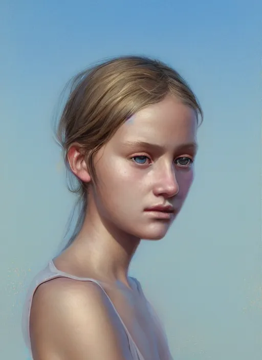 Prompt: portrait of a beautiful girl, dunes backdrop, sad, pastel shades of light blue and light yellow, beautiful face, rule of thirds, intricate outfit, spotlight, by greg rutkowski, by rineke dijkstra, digital painting