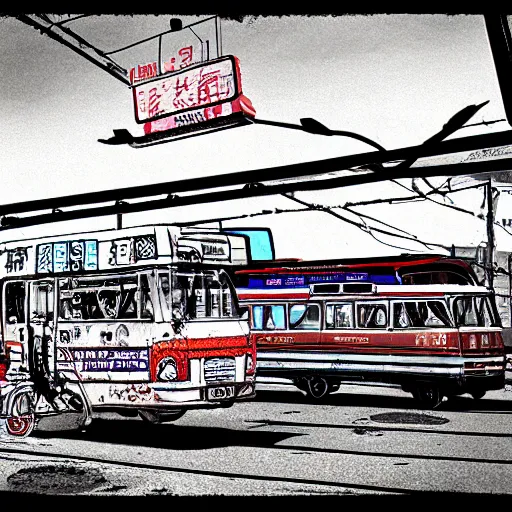 Image similar to soviet bus stop, in the style of daniel johnston and outsider art, 8k, line brush, overlaid with chinese adverts