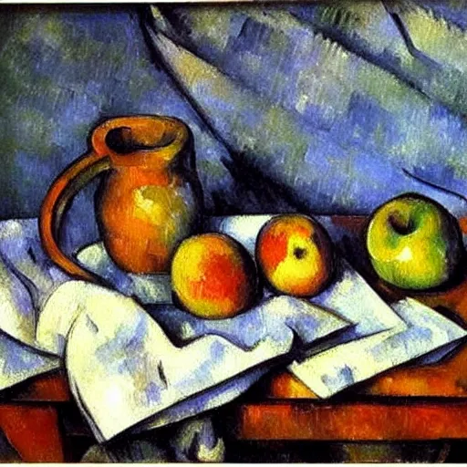 Image similar to Still life oil painting of an apple and a mug of coffee on a school desk, Paul Cezanne, 1895, award-winning, realistic, oil painting, dynamic lighting