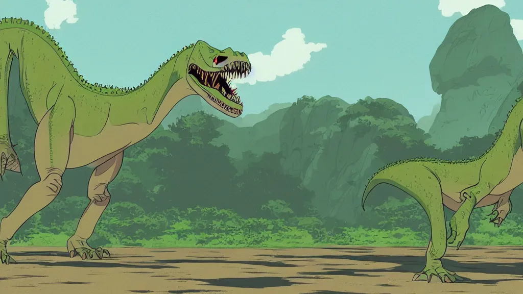 Prompt: A T-rex from a film still by Disney Animation Studios, 1994, cel shading, by Andy Gaskill and Rob Minkoff and Studio Ghibli. Cinematic. Clean lines. Coherent.