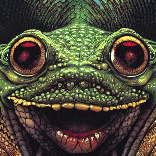 Prompt: portrait closeup of crazy pepetgte frog, symmetrical, cinematic colors, by yoichi hatakenaka, masamune shirow, josan gonzales and dan mumford, ayami kojima, takato yamamoto, barclay shaw, karol bak, yukito kishiro