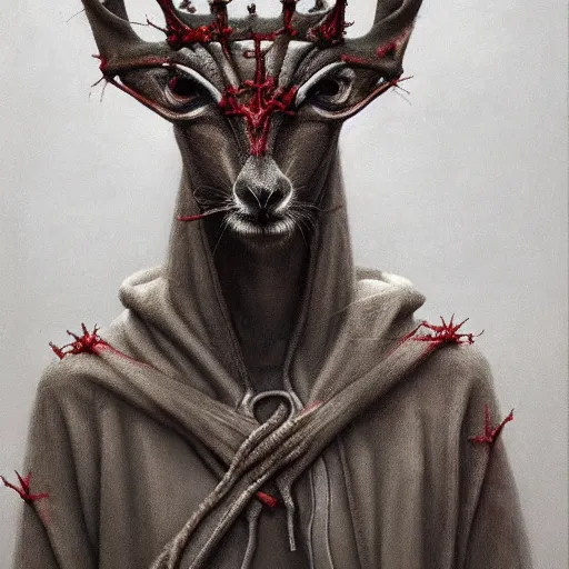 Image similar to portrait of a dik dik with red glowing eyes in hood and crown of thorns, dark fantasy, Warhammer, artstation painted by Zdislav Beksinski and Wayne Barlowe