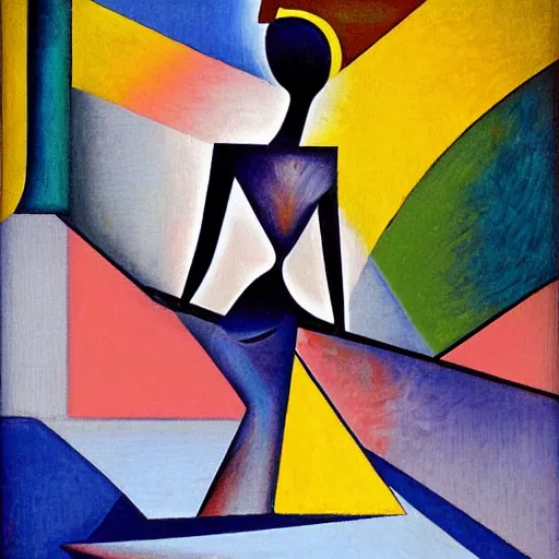 Prompt: woman woman dancing with a triquetta by the ocean while the waves crash on the seashore, high quality art in the style of cubism and geogia o keefe