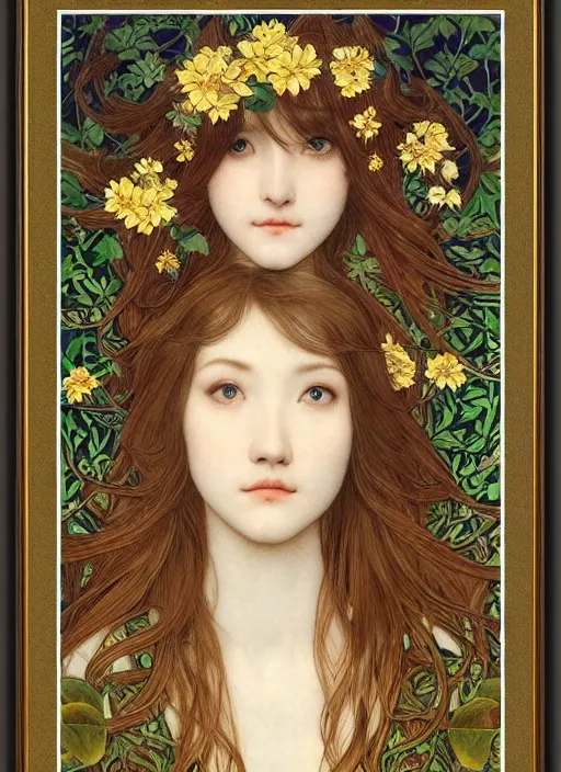 Image similar to masterpiece beautiful seductive flowing curves preraphaelite face portrait photography, miho hirano, extreme close up shot, straight bangs, thick set features, yellow ochre ornate medieval dress, amongst foliage mushroom forest circle arch, william morris and kilian eng and mucha, framed, 4 k