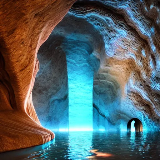 Image similar to light is mine to travel,beyond time ,the cathedrals in a canyon grotto of life the beginning , geological strata,ground mist, falling water,pools of water, hypermaximalist,micro details, 3d sculpture,,digital rendering,octane render , 4k, artstation, concept art , f22,deep depth of field,photographic, wide angle,cinematic lighting