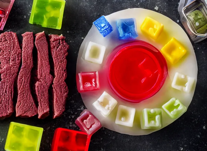 Image similar to dslr food photograph of a jello mold filled with cubes of beef, 8 5 mm f 1. 8