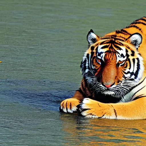 Prompt: tiger caught by fishing boat, zenith view,