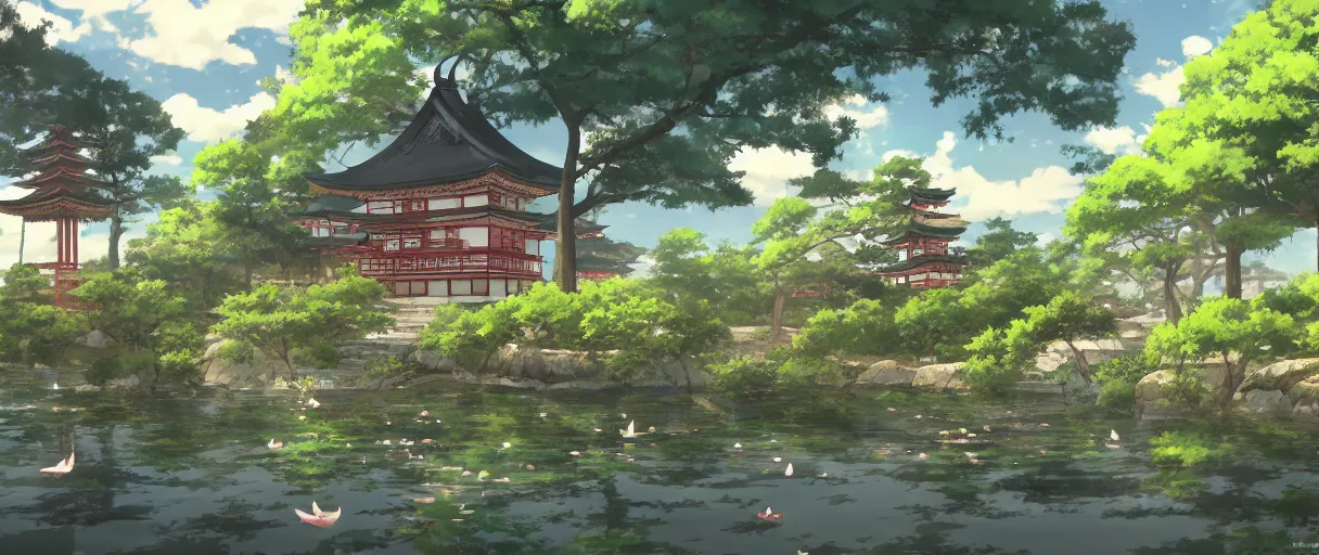 Image similar to a beautiful anime of a Japanese countryside, pagodas, small pond, style of Mokoto Shinkai, anime, trending on ArtStation.