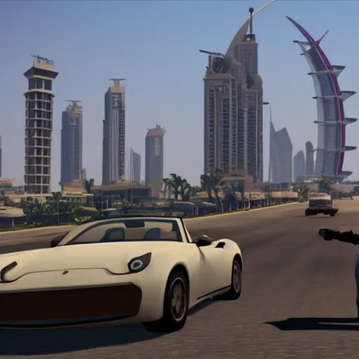 Prompt: promotional screenshot of grand theft auto videogame set in dubai