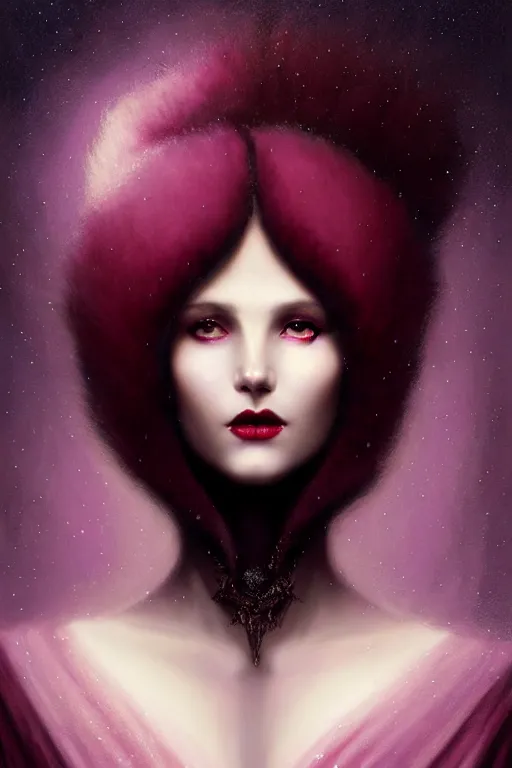 Image similar to Nocturne, glowing, stars, a portrait of a beautiful female shadow djinn creature with long fur collar, highly detailed, mysterious, ethereal, dressed in red violet velvet, haute couture, illustration, dramatic lighting, soft details, painting, by Edmund Blair Leighton, Brom, Charlie Bowater, trending on artstation, faces by Tom Bagshaw, otto schmidt