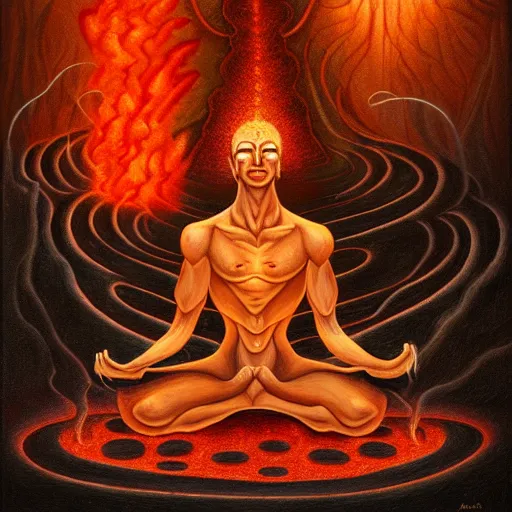 Image similar to a demon meditating near a zen garden with a lava waterfall in hell and opening a portal to heaven by amanda sage and anton semenov, oil on canvas 8k, dramatic lighting