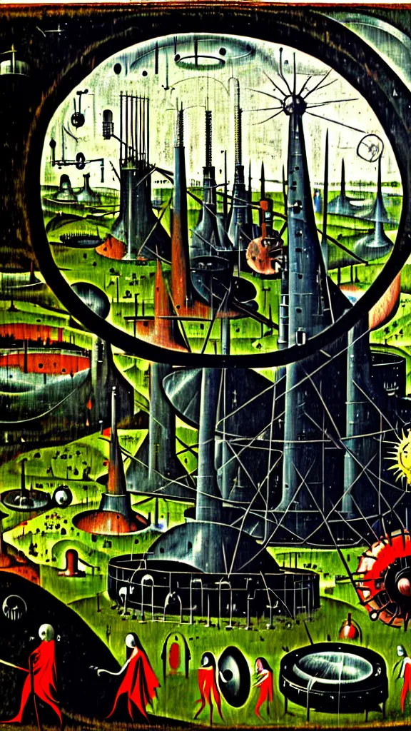 Prompt: a scifi illustration, dark and gothic Hieronymous Bosch machinery factory polluting the land and blocking the sun oil on canvas with mechanical frame