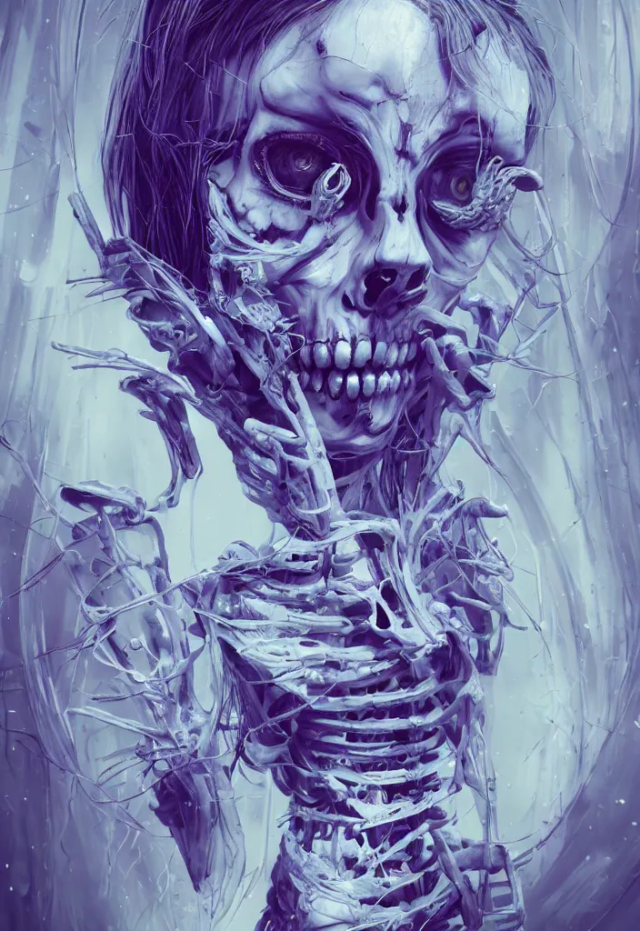 Image similar to portrait of female alt model with blue hair as a skeleton. intricate abstract. intricate artwork. nightmare fuel. by Tooth Wu, wlop, beeple, dan mumford. octane render, trending on artstation, greg rutkowski very coherent symmetrical artwork. cinematic, hyper realism, high detail, octane render, 8k, iridescent accents