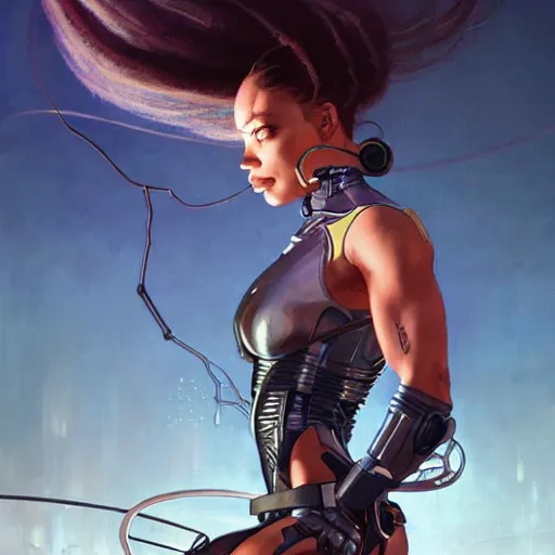 Image similar to cyborg Normani as aeon flux profile picture by Greg Rutkowski, dynamic pose, intricate, futuristic, fantasy, elegant, by Stanley Artgerm Lau, greg rutkowski, thomas kindkade, alphonse mucha, loish, norman Rockwell,