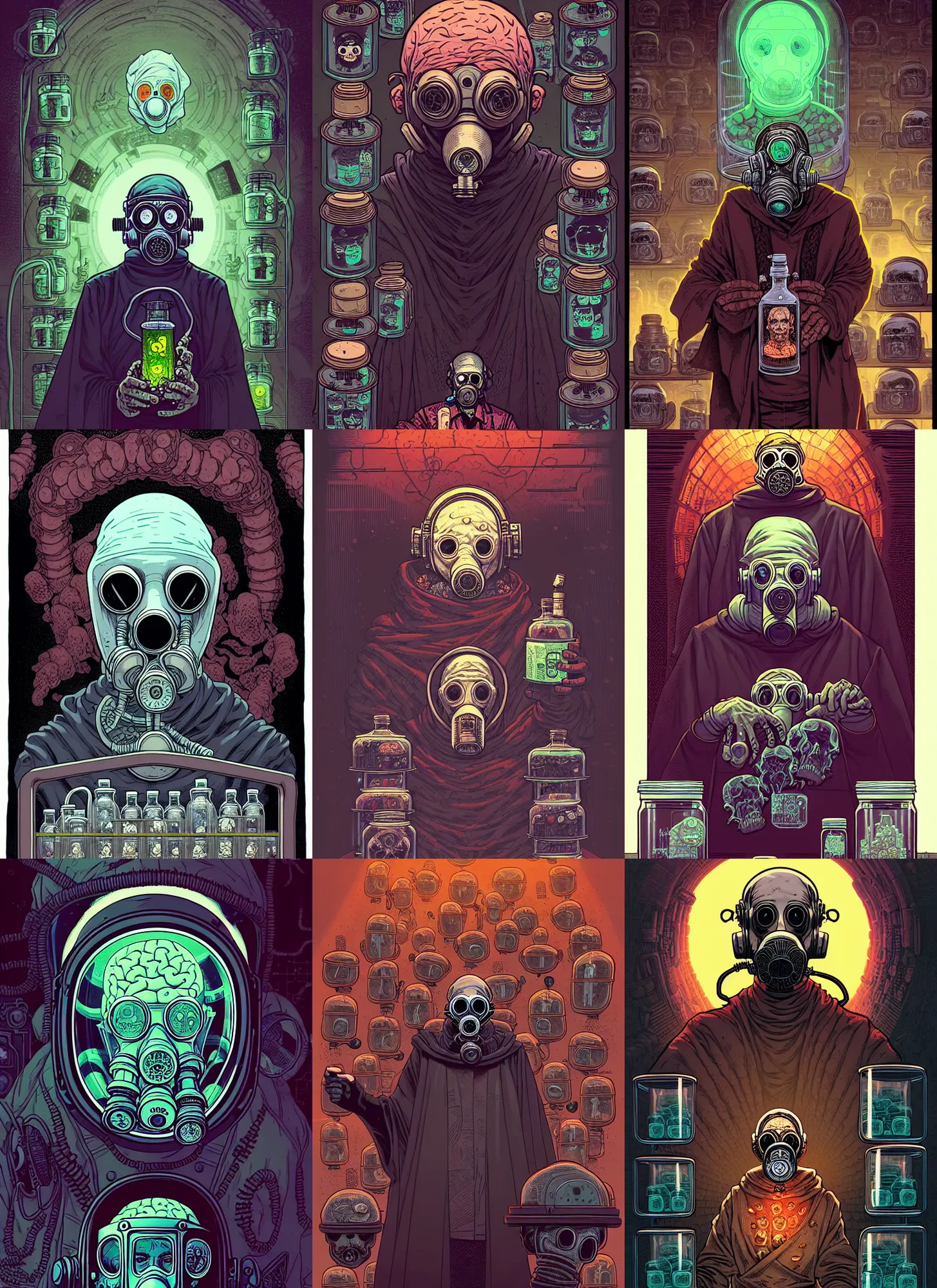 Prompt: portrait of the old necromancer, wearing a wizard cloak and a gas mask, surrounded by brains inside jars, illustrated by laurie greasley, dan mumford, peter mohrbacher, hyper detailed, trending on cg society, crisp