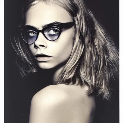 Prompt: photo of a gorgeous 20-year-old Cara Delevingne 1970s nerdy hairstyle by Mario Testino, detailed, head shot, award winning, Sony a7R -