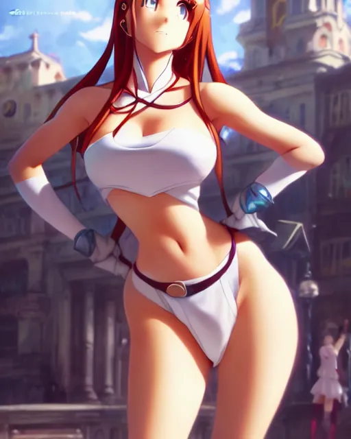 Image similar to pinup photo of asuna from sao in the crowded square of the city, asuna by a - 1 pictures, by by greg rutkowski, gil elvgren, enoch bolles, glossy skin, pearlescent, anime, very coherent, maxim magazine, 3 d, vray, unreal 5, maya