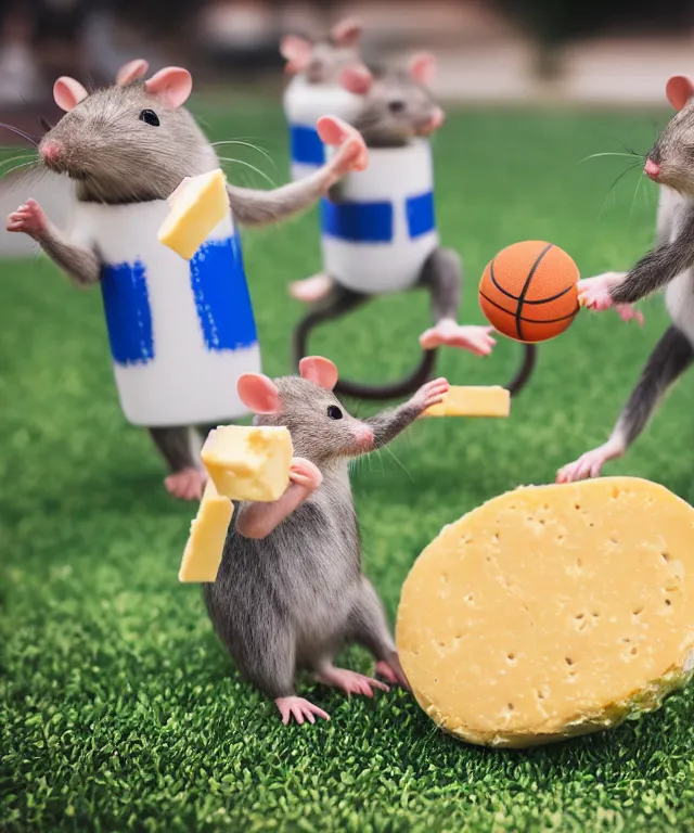 Image similar to high quality presentation photo of cute anthropomorphic rats playing basketball with cheese, photography 4k f1.8 anamorphic bokeh 4k Canon Nikon