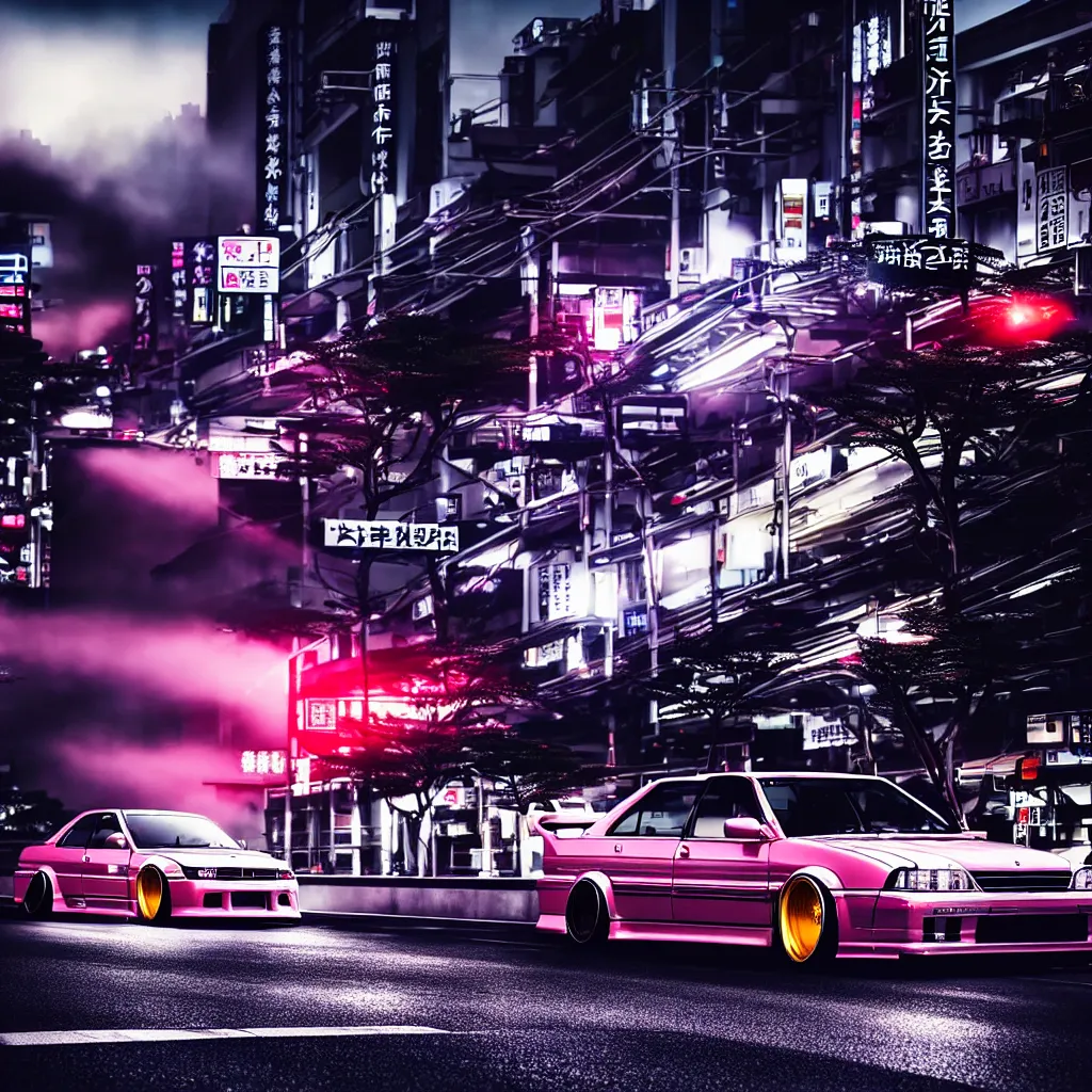 Prompt: full-frame car JZX100 twin turbo drift in the road, Tokyo prefecture, Japanese architecture, city sunset mist lights, cinematic lighting, photorealistic, detailed alloy wheels, highly detailed