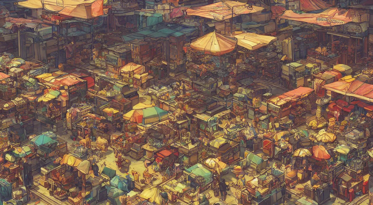 Image similar to a market in metro manila painting stylized digital illustration video game icon global illumination ray tracing that looks like it is from borderlands and by feng zhu and loish and laurie greasley, victo ngai, andreas rocha, john harris