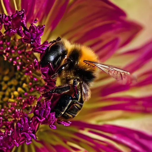 Image similar to an extreme close - up portrait of a bee on a flower, photographic filter, unreal engine 5, realistic, hyperdetailed, 8 k, cinematic, volumetric lighting, very realistic effect, hd, hdr, 4 k, sharp focus, octane render, ultra detailed, high resolution, trending on artstation in the style of albert dros glowing rich colors powerful imagery