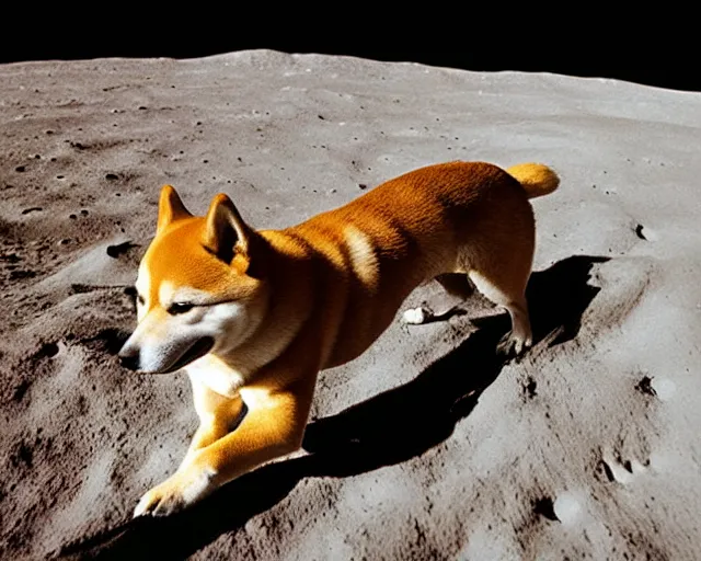 Image similar to hyper realistic shiba on the moon, first shiba on the moon, 9 0's photograph