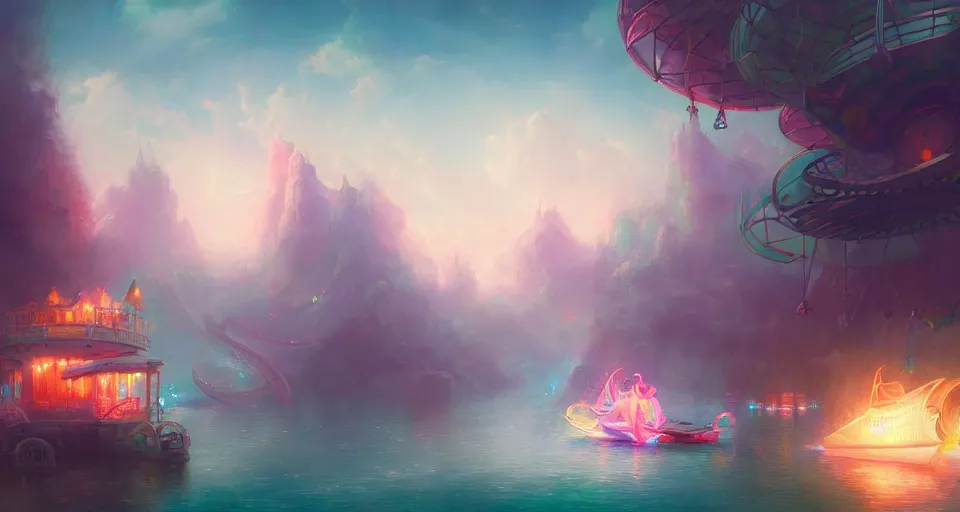 Image similar to an amusement park boat ride with pastel colors by peter mohrbacher, vivid colors, matte painting, 8K, concept art, mystical color scheme, trending on artstation