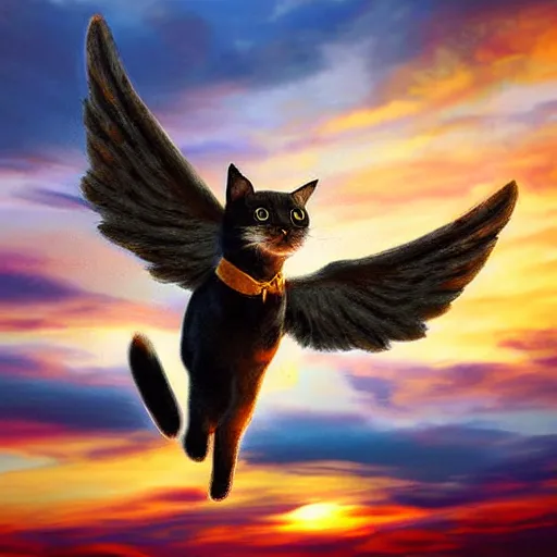 Image similar to a photograph of cute cat with wings flying towards the sunset, highly detailed, photorealistic, impressionism style