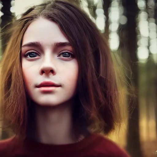 Prompt: real life photo of a beautiful girl, full body photoshoot, long brown hair, brown eyes, full round face, short smile, belly free, brown sweater, forest setting, cinematic lightning, medium shot, mid - shot, highly detailed, trending on artstation, unreal engine 4 k, 8 0 mm, 8 5 mm, cinematic wallpaper