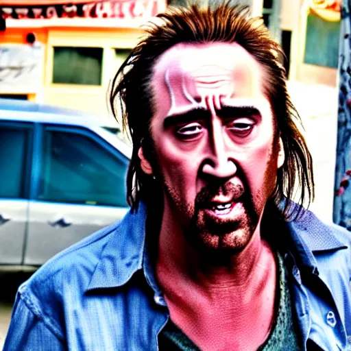 Image similar to uhd candid photo of dirty, homeless nicholas cage ranting maniacally in the street. skid row. correct face, accurate face, exaggerated features, intricate details, hyperdetailed, accurate face. photo by annie leibowitz