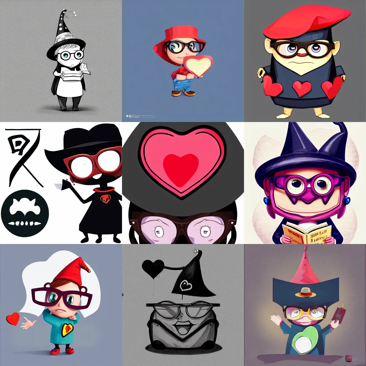 Prompt: a drawing of a read heart-shaped character wearing a dark witch hat and oversized dark round glasses, vector art by Jan Konůpek, 2d game art by Pixar, sticker by Akira Toriyama, featured on polycount, behance contest winner, mingei, sketchfab, low poly