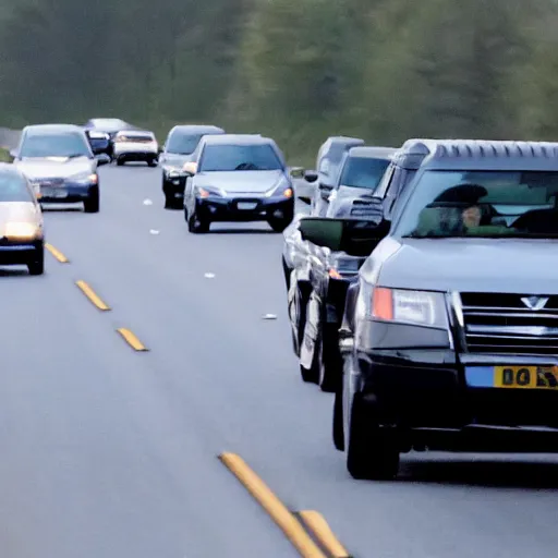 Prompt: photograph of donald trump hitting cars on the highway