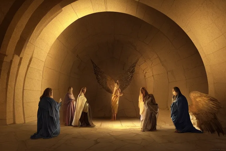 Image similar to inside a tomb, dark scene, light coming in from the left, 3 women in colored robes, 2 angels with feathered wings | medium close | fibonacci composition, by artgerm, greg rutkowski, craig mullins, caravaggio