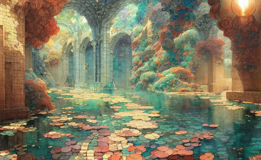 Image similar to tiled room squared waterway, aqueducts, fantasy. intricate, amazing composition, colorful watercolor, by ruan jia, by maxfield parrish, by marc simonetti, by hikari shimoda, by robert hubert, by zhang kechun, illustration, gloomy