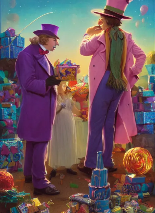 willy wonka giving out candy from the back of his van, Stable Diffusion