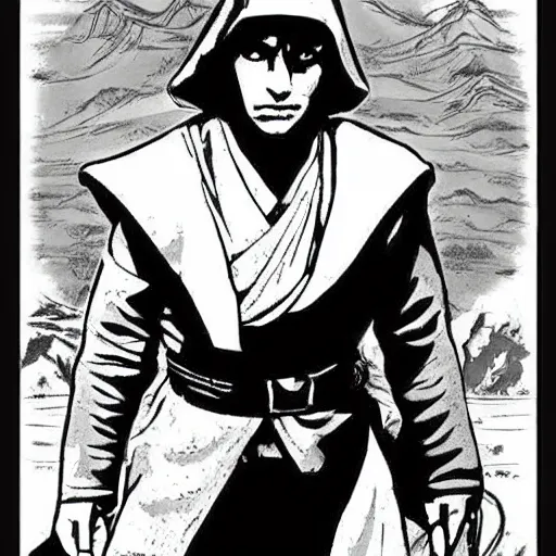 Image similar to pen and ink!!!! attractive 22 year old jedi George Harrison x Ryan Gosling golden!!!! Vagabond!!!! Dune floating magic swordsman!!!! glides through a beautiful!!!!!!! battlefield magic the gathering dramatic esoteric!!!!!! pen and ink!!!!! illustrated in high detail!!!!!!!! by Moebius and Hiroya Oku!!!!!!!!! graphic novel published on Cartoon Network MTG!!! 2049 award winning!!!! full body portrait!!!!! action exposition manga panel