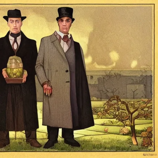 Image similar to American Gothics by Grant Wood but with Sherlock Holmes and Watson instead of the usual characters