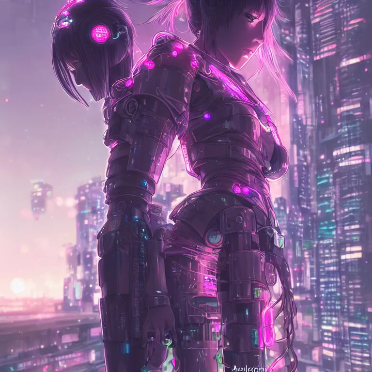 Image similar to anime visual of portrait futuristic cyber warrior girl, in future cyberpunk tokyo rooftop, ssci - fi, fantasy, intricate, very very beautiful, elegant, neon light, highly detailed, digital painting, artstation, concept art, smooth, sharp focus, illustration, art by tian zi and wlop and alphonse mucha