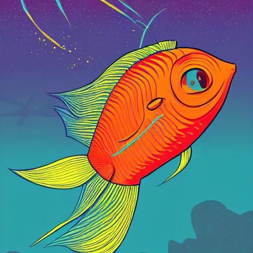 Image similar to a single highly stylized fish in the ocean, viewed in profile, closeup, seaweed, sparkles, artstation, intricate, highly detailed, digital painting, concept art, sharp focus, illustration by tom whalen and charles williams and kilian eng and james jean