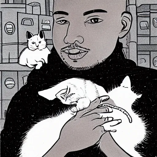 Image similar to storybook illustration of a rapper in 1 9 9 0 new york holding a kitten up to the camera, storybook illustration, monochromatic