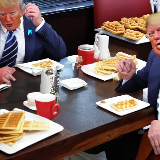 Image similar to trump and Biden sitting and eating breakfast at a Wafflehouse