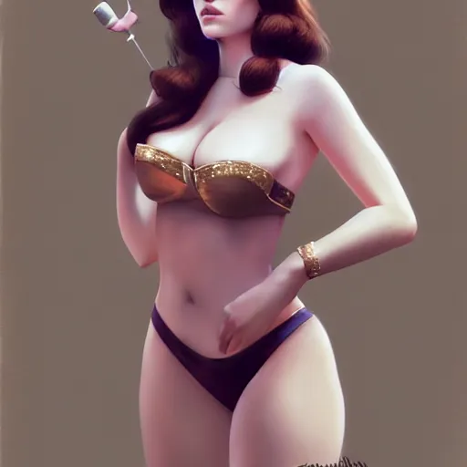 Image similar to detailed photo of lana del rey wearing a playboy bunny outfit, 8 k, by greg rutkowski, artgerm, global illumination