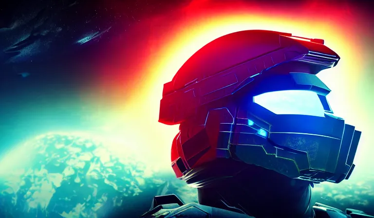 Image similar to cyberpunk halo helmet floating in space with reflections, epic, dramatic, photorealistic, award winning, 8k,