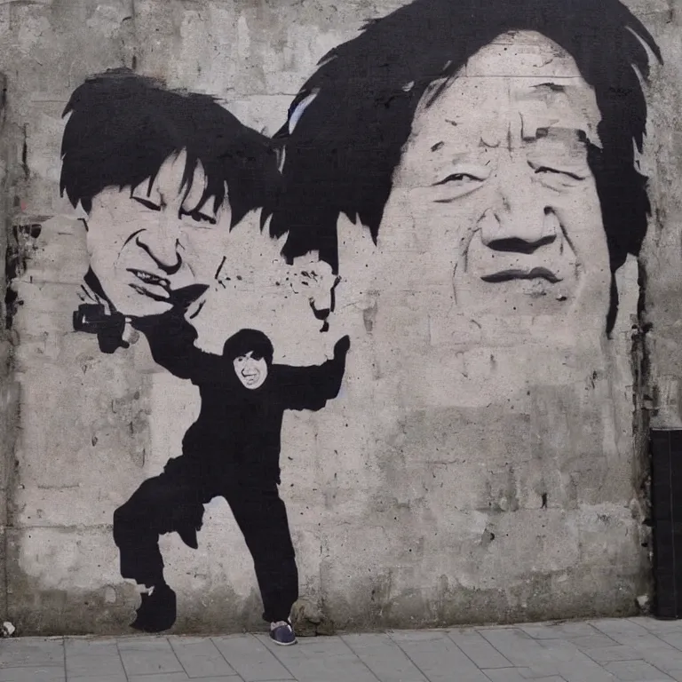 Image similar to Street-art full-body portrait of Jackie Chan in style of Banksy