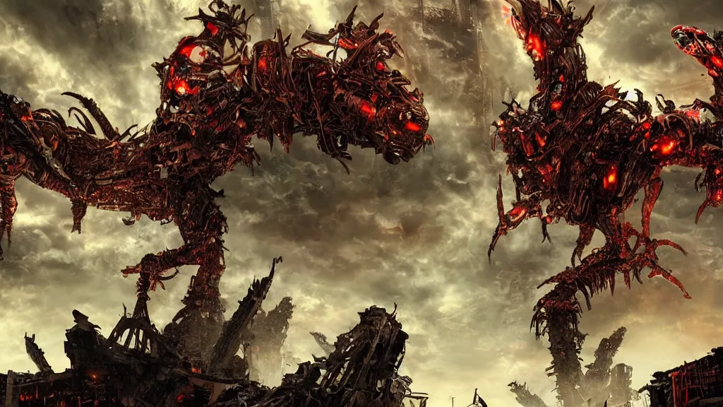 Image similar to high quality art of a giant mechanized dragon in an apocalyptic future, made of plates and armor throughout the body, having 4 limbs and 4 talons on each foot, and glowing fiery red eyes, climbing over a destroyed building in a hazy radioactive atmosphere, roaring with an epic pose into the air as the building crumbles under the weight, showing lots of sharp teeth. furaffinity, deviantart, artstation, high quality