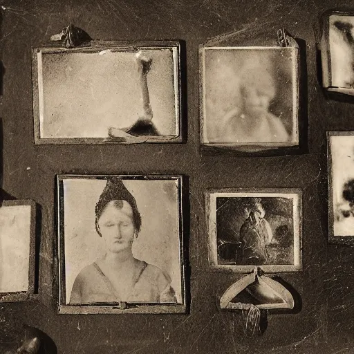 Prompt: Tintype photograph of primitive objects displayed in an ethnographic museum, archive material, anthropology,in the style of Marcel Duchamp, 1920s studio lighting.