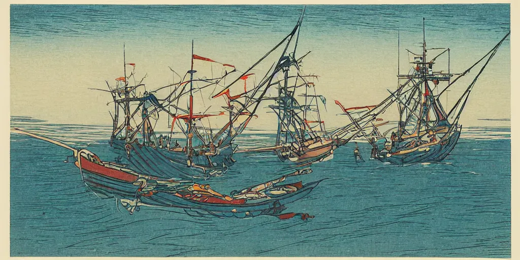 Prompt: three modern fishing boats hauling tuna with their nets, Full color woodblock print by Hiroshi Yoshida showing