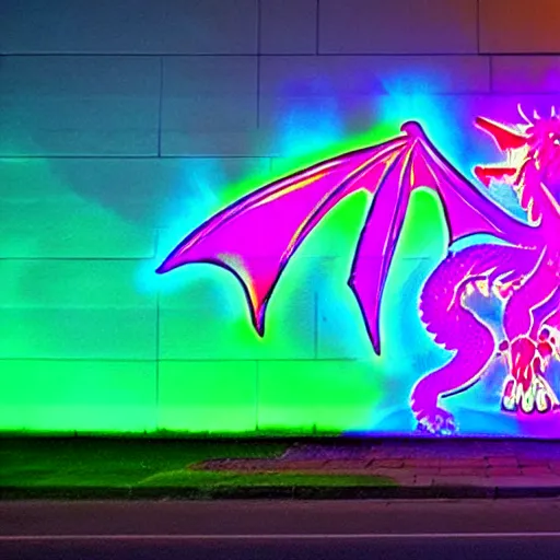Prompt: florescent graffiti of a dragon with butterfly wings on a street wall, glow wave
